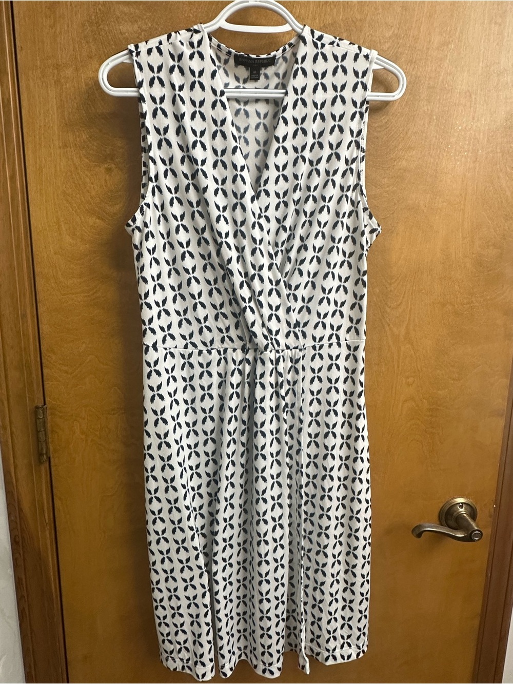 Sleeveless White & Navy Patterned Wrap Dress